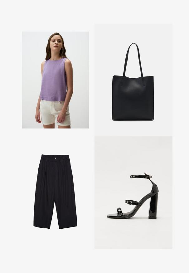 Lavendelfarbenes ärmelloses Top mit Rundhalsausschnitt, aus strukturiertem Stoff; kombiniert mit weißen Shorts, die ein minimalistisches Design aufweisen.; Schwarze Polyester-Culotte mit einem elastischen Bund, zwei vorderen Falten und einer lockeren Silhouette. Keine sichtbaren Muster oder Hardware-Details.; Schwarze patentierte Sandalen mit Absatz, quadratischer Spitze, Knöchelriemen und silbernen Schnallen. Mit einem stabilen Blockabsatz für mehr Stabilität.; Schwarze Laptoptasche aus Leder mit glatter Textur, rechteckiger Form und zwei langen Griffen. Keine sichtbaren Beschläge oder Verzierungen.