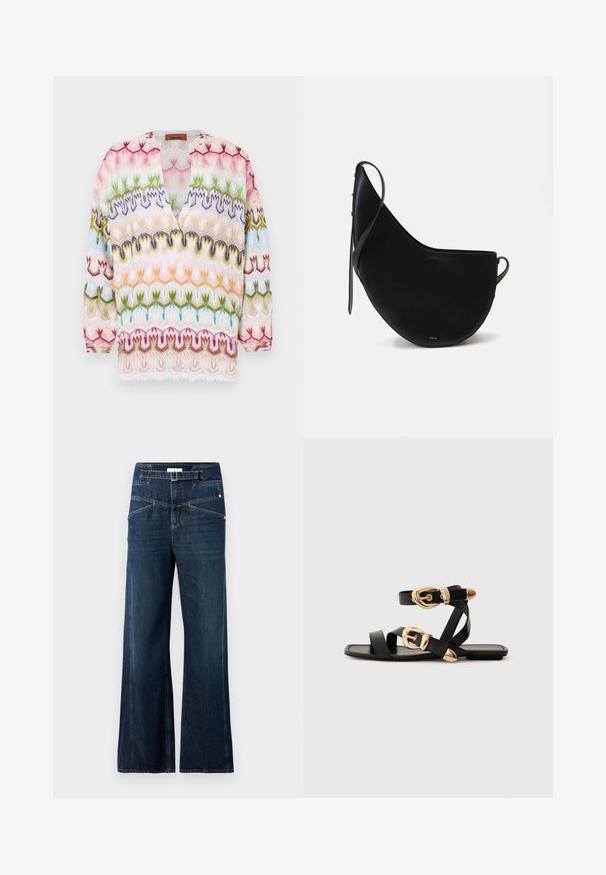 Színes, hímezett blúz V-nyakkal, hosszú ujjal, bonyolult virág- és hullámmintákkal rózsaszínben, zöldben, kékben és sárgában.; Sötétkék farmerból készült bő szabású farmerek, magas derékkal, két elülső zsebbel és kontrasztos varrással.; Fekete bőr szandál arany csattal, több hevederrel és lapos talpú dizájnnal, nyitott lábujjú viselethez.; Fekete bőrtáska, ívelt holdformával, vékony pánttal és diszkrét arany logóval az elején. Simára kidolgozott felület minimális fémalkatrészekkel.