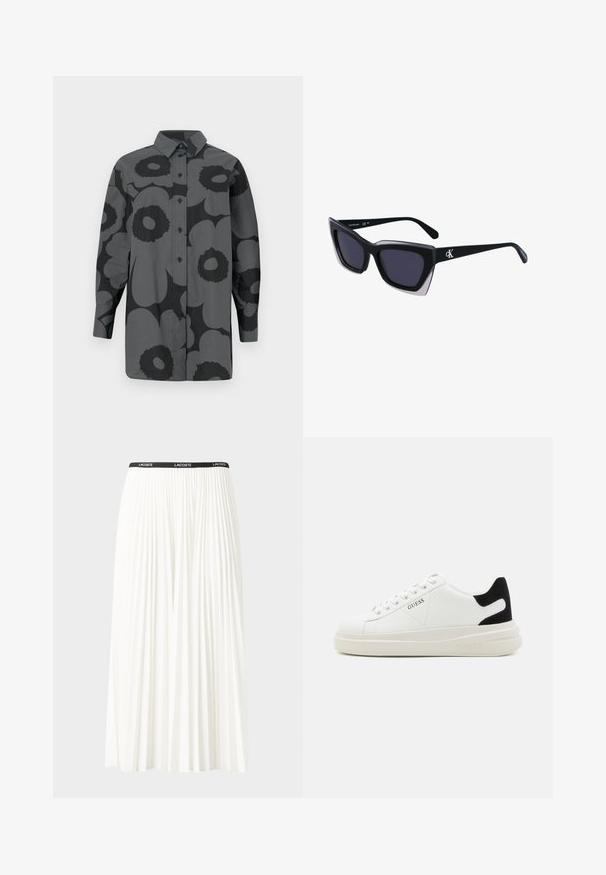 Button-up shirt in gray fabric featuring large black floral patterns. Includes a collar and long sleeves with button cuffs.; Pleated white skirt with a black elastic waistband featuring the "LACOSTE" logo. Mid-length design with soft texture.; White leather sneakers with a thick white sole, black suede heel accent, and embossed logo on the side. Laced design with six eyelets.; Black oversized sunglasses with a geometric shape, featuring dark lenses and a contrasting grey detail on the frame. Logo on the arm.