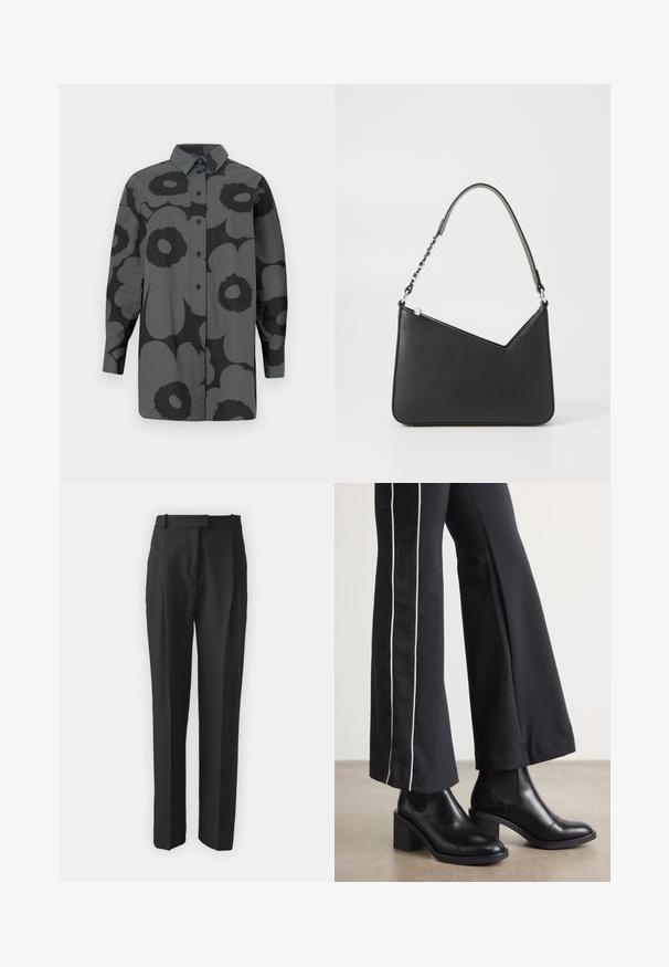 Camisa abotonada de tela gris con grandes patrones florales negros. Incluye un cuello y mangas largas con puños abotonados.; Pantalones negros ajustados hechos de tejido ligero, con un corte recto, frente plano y trabillas para cinturón. Textura suave sin patrones visibles.; Botines de cuero negro con tacón cuadrado, con paneles laterales elásticos. Combinados con pantalones negros que tienen una franja blanca lateral.; Bolso de mano de piel negra con forma triangular, una correa delgada y herrajes plateados. Cuenta con un cierre de cremallera y un logo en relieve en la parte frontal.