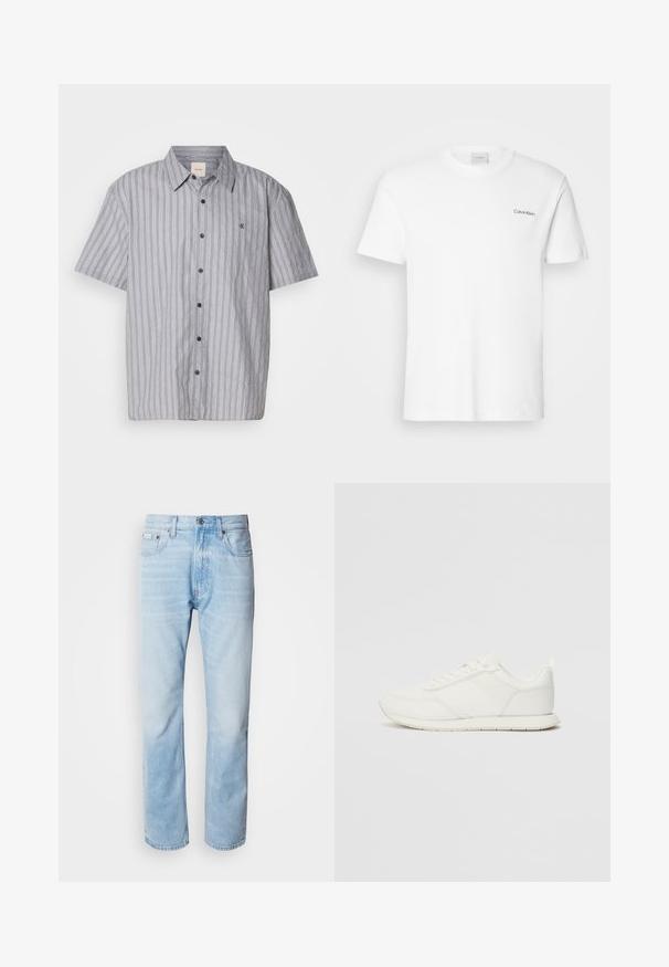Lyhythihainen, napillinen paita, joka on valmistettu kevyestä kankaasta ja jossa on sinivalkoiset pystysuorat raidat. Paidassa on klassinen kaulus ja etutasku.; Valkoinen puuvillapaita lyhyillä hihoilla ja pyöreällä kaula-aukolla. Vasemmassa rinnassa on pieni musta "Calvin Klein" -logo.; Vaaleansiniset farkut suoranlahkeisella leikkauksella, joissa on haalistuneita kohtia, viisi taskua ja klassinen nappisuljenta.; Valkoiset tennarit, joissa on verkkokankainen ja synteettinen yläosa, pyöreä kärki, litteät nauhat sekä teksturoitu sivuviiru. Kumipohja ja vetoketju takana.