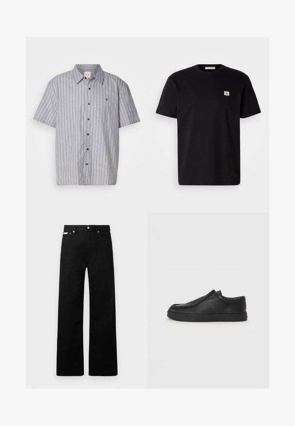 Cămașă cu mâneci scurte, cu butoni, realizată dintr-un material ușor, cu dungi verticale albastre și albe. Are un guler clasic și un buzunar în față.; Tricou din bumbac negru cu mâneci scurte, guler rotund și un mic logo brodat pe partea stângă a pieptului. Textură netedă, croi obișnuit.; Pantaloni din denim negri cu un design cu picioare largi, având cinci buzunare și accesorii metalice pentru butoane. Textură netedă, fără modele vizibile.; Pantofii din piele neagră, fără șireturi, cu vârful rotund, detalii cusute și talpă din cauciuc negru. Textură netedă cu un design minimalist.
