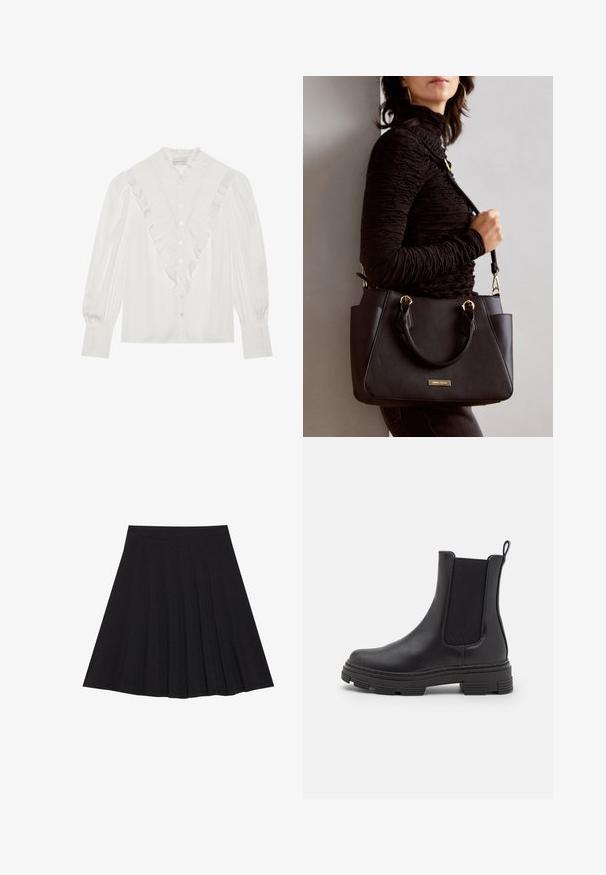 Bílá blůza s volánkovým límcem a knoflíkovou légou, se dlouhými rukávy s nařasenými detaily a knoflíky vpředu.; Černá plisovaná sukně vyrobená z texturované látky s dobře padnoucím pasem. Délka sukně je ke kolenům a má hladký, jednoduchý siluetu.; Černá kožená kotníková bota s elastickými bočními panely, zaoblenou špičkou a texturovanou gumovou podrážkou. Má smyčku na zadní části pro snadné obouvání.; Černá kabelka s texturovaným povrchem, dvojitými horními uchy a nastavitelným ramenním popruhem. Obsahuje zlaté kovové prvky a boční kapsy.