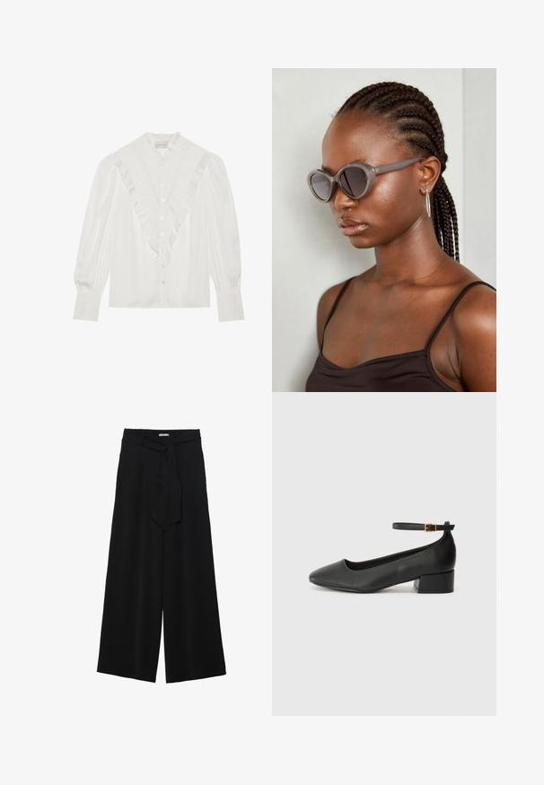 Witte blouse met een gerimpelde kraag en een voorknopsluiting, met lange mouwen en geplooide accenten en knopen aan de voorkant.; Zwarte wijde broek van textuurstof, met een elastische tailleband en een afneembare sjaalstrik in de taille voor een verstelbare pasvorm.; Zwarte leren pump met een spitse neus en een lage blokhak. Beschikt over een enkelband met een goudkleurige gespsluiting. Gladde textuur.; Grijze oversized zonnebril met een ronde vorm en donkere lenzen. Strakke kunststof montuur met een gladde afwerking. Model heeft gevlochten haar.