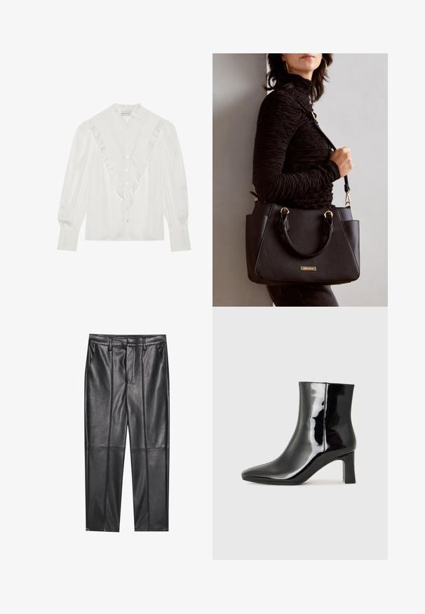 Bijela bluzica s rajfom oko vrata i prednjim kopčanjem, s dugim rukavima koji imaju nabore i gumbićima sprijeda.; Crne kožne hlače s glatkom teksturom, ravnog kroja, s dva prednja džepa i vidljivim šavovima.; Crne lakirane kožne gležnjače s šiljastim prstom i srednje visokom blok petom. Glatka tekstura i minimalistički dizajn.; Crna torba s teksturiranom površinom, dvostrukim gornjim ručkama i podesivom remenom za rame. Ima zlatne metalne detalje i bočne džepove.