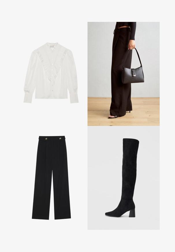 White blouse with a ruffled collar and front placket, featuring long sleeves with pleated accents and buttons down the front.; Black wide-leg trousers with high waist, button details on waistband, and front pleats.; Black suede knee-high boot with block heel, pointed toe, and smooth, seamless design on a plain light background.; Black handbag with structured shape, smooth texture, and a metallic clasp. Paired with wide black pants and open-toe sandals on wooden floor.