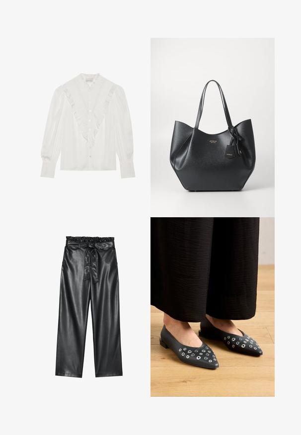 Valge pluus, millel on volangiga krae ja esiava, pikal varrukal on plekitooted ja nööbid ees.; Must mustra aktiivse nahaga laiad püksid elastse kroogitud vöökoht ja eemaldatav sidumisrihm. Sile tekstuur ja minimaalne sära.; Mustast nahkkingad terava ninaga, millel on erineva suurusega metallist silmade kaunistused ja madal ristkülikukujuline konts. Sile tekstuur puidust põrandal.; Mustmust kotte, mis on valmistatud tekstureeritud sünteetilisest materjalist, laia siluettiga, millel on kaks käepidet ja bränditud ripatise detail.; Hõbedane rõngas kõrvarõngas poleeritud viimistlusega, millel on väikesed kuldsed aktsendid ja ümmargune kuju, kantud lobus.