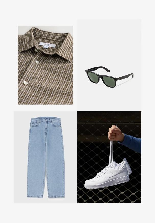 Chemise à carreaux brune à boutons, en tissu au toucher doux. Dispose d'un col classique et de boutons blancs. Étiquette visible.; Débardeur en coton blanc avec un col rond, de larges bretelles et un ourlet droit, présentant une texture lisse et sans motifs visibles.; Jean en denim bleu clair avec une coupe droite, présentant une taille mi-haute, cinq poches, et une fermeture à bouton et à fermeture éclair.; Baskets en cuir blanc avec perforations, à bout rond, semelle plate et lacets épais, arborant un logo swoosh visible et "AIR" sur le talon.; Lunettes de soleil en plastique noir avec verres verts, monture carrée, accent argenté sur le sourcil et branches texturées. Marque indiquée sur l'intérieur de la branche.