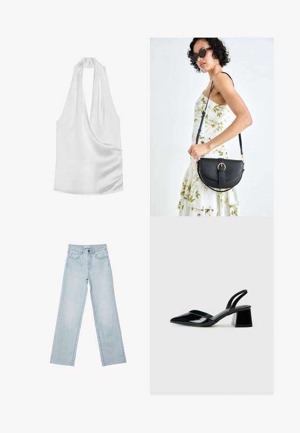 Weißes Satin-Haltertop mit tiefem V-Ausschnitt, drapiertem Design und glatter Textur. Minimalistischer Stil ohne sichtbare Hardware oder Muster.; Hellblaue weit geschnittene Jeans aus Denim. Verfügt über fünf Taschen, einen Knopfverschluss und ausgeblichene Details. Klassischer gerader Schnitt mit lockerer Passform.; Schwarze Lackleder-Slingback-High Heels mit spitzem Schuh und einem geometrischen Blockabsatz. Verfügt über ein schlankes, minimalistisches Design und eine glatte Textur.; Schwarze Lederhandtasche mit geschwungener Form, abnehmbarem Tragegurt und goldenen Beschlägen. Die Tasche verfügt über einen Deckel mit einer Schnallen-Details.