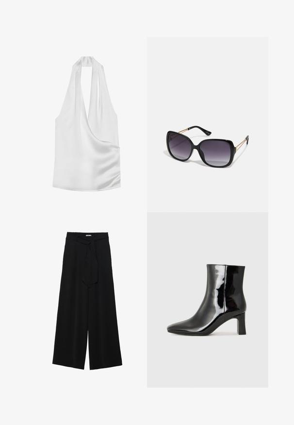Weißes Satin-Haltertop mit tiefem V-Ausschnitt, drapiertem Design und glatter Textur. Minimalistischer Stil ohne sichtbare Hardware oder Muster.; Schwarze weite Hosen aus strukturiertem Stoff, mit elastischem Bund und einem abnehmbaren Bindegürtel in der Taille für eine verstellbare Passform.; Schwarzer Lackleder-Stiefelette mit spitzer Zehe und einem mittelhohen Blockabsatz. Glatte Textur und minimalistisches Design.; Schwarze übergroße Sonnenbrille mit getönten Gläsern, dicken Rahmen und goldfarbener Kettendetaillierung an den Bügeln.; Schwarze Handtasche mit strukturierter Form, glatter Textur und einem metallischen Verschluss. Kombiniert mit weiten schwarzen Hosen und offenen Sandalen auf einem Holzboden.