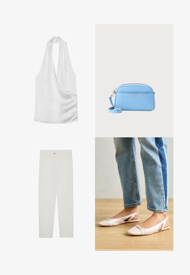 Top halter de satén blanco con escote en V profundo, diseño drapeado y textura suave. Estilo minimalista sin hardware visible ni patrones.; Pantalones blancos, ajustados, con un diseño de pierna recta, que cuentan con un cierre de botón, lazos para cinturón y bolsillos laterales; textura de tela suave.; Bailarinas de color rosa pálido con tiras traseras y punta puntiaguda, fabricadas con un material similar al cuero suave. Presentan detalles recortados en los laterales y un tacón plano.; Bolso cruzado de cuero azul claro con herrajes en tono dorado, cierre de cremallera y un bolsillo frontal. cuenta con una correa ajustable para mayor comodidad.