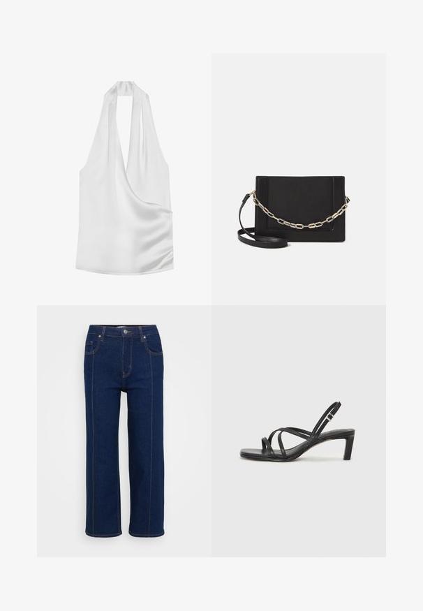 Top halter bianco in satin con profondo scollo a V, design drappeggiato e texture liscia. Stile minimalista senza hardware visibili o motivi.; Jeans dritti blu scuro con chiusura a bottoni, tasche anteriori e posteriori e cuciture arancioni visibili lungo le cuciture.; Sandalo nero con cinturini, dalla punta squadrata e tacco basso a blocco. Presenta diversi cinturini sottili e una cinturini regolabile alla caviglia. Realizzato in pelle liscia.; Borsa a tracolla nera in pelle con una texture liscia, forma rettangolare e dettaglio in catena metallica sul davanti. Inclusa una tracolla regolabile.