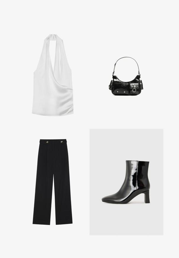 Hvid satin halterneck-top med dyb V-hals, draperet design og glat tekstur. Minimalistisk stil uden synligt hardware eller mønstre.; Sorte vide bukser med høj talje, knapdetaljer på taljebåndet og frontfald.; Sort lakeret ankelstøvle med spids tå og en midt-højde blokhæl. Glat tekstur og minimalistisk design.; Sort patenteret læder håndtaske med en buet form, en skulderrem, frontlommer og hardware accenter i sølvfarve.