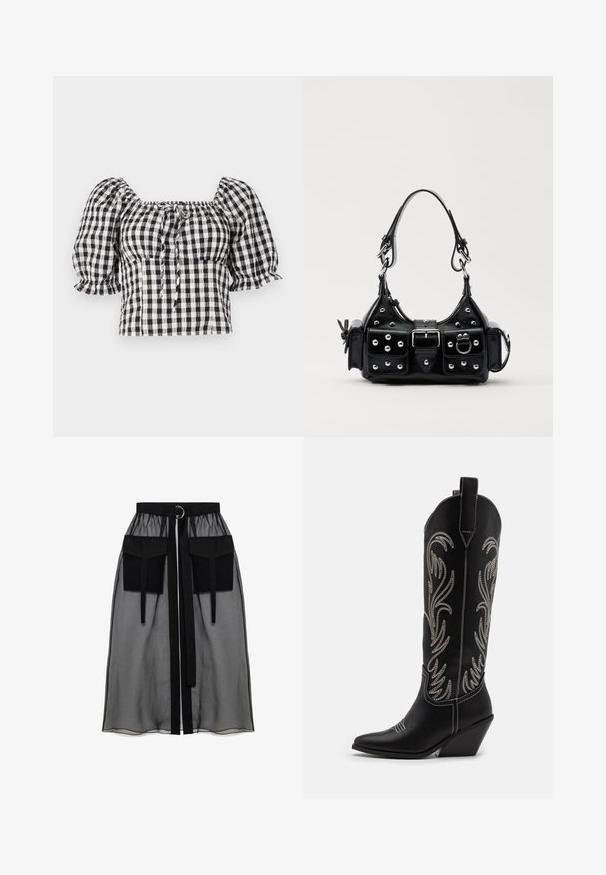 Čierno-biela kockovaná blúzka s nariasenými rukávmi, štvorcovým výstrihom a viazaním vpredu. Ľahký materiál s nariasenou textúrou.; Čierna priesvitná sukňa s naťahovacím pásom, ktorá má dve veľké predné vrecká, opasok na viazanie a kruhový kovový akcent.; Čierne kožené kovbojské čižmy s špicatými prstami, klinovými podpätkami a striebornými vyšívanými kvetinovými vzormi po celej dĺžke. Kontrastné šitie po celom povrchu.; Čierna kožená kabelka s zakriveným dizajnom, doplnená striebornými cvočkami, prackou a dvoma bočnými vreckami. Nastaviteľný popruh poskytuje rôzne možnosti nosenia.