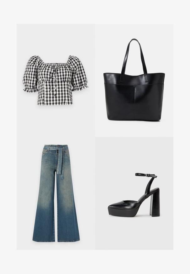 Črna in bela karirana bluzica z napihnjenimi rokavi, kvadratnim izrezom in zavezovanjem spredaj. Lahkotna tkanina z nabranim teksturo.; Široke jeans hlače z gradientom od svetlo do temno modre, visokim pasom, zankami za pas in pasom iz istega materiala. Tekstura denim končnica.; Črne platforme z visokimi petami in koničastim nosom ter nastavljivim gležnjenjskim trakom. Narejene iz gladke usnje, s kockasto peto.; Črna usnjena torba z dvema dolgima ročajema, gladko teksturo in strukturirano obliko. Ima sprednji žep za dodatno shranjevanje.