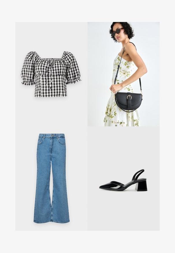 Juoda ir balta gingham madinga bluzonė su pūstomis ilgomis rankovėmis, kvadratine iškirpte ir raiščiu priekyje. Lengva medžiaga su susiraukšlėjusia tekstūra.; Šviesiai mėlynos flared džinsai, pagaminti iš džinsinio audinio, su aukštu liemeniu, penkiomis kišenėmis ir vienu mygtuko užsegimu. Minkštas paviršius su išblukusiu efektu.; Juodos lakuotos odinės šlepetės su smailiu pirštu ir geometriniu bloko kulnu. Turi elegantišką, minimalistinį dizainą ir lygų paviršių.; Juodas odinis krepšys su išlenkta forma, nuimamu dirželiu ir auksiniais detalėmis. Krepšys turi kilpą su sagtimi.