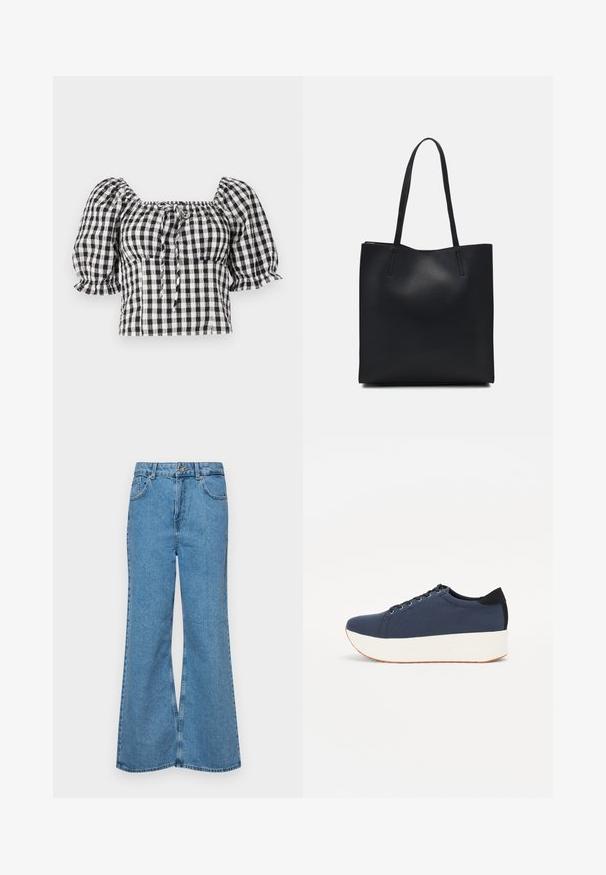 Black and white gingham blouse with puffed sleeves, square neckline, and tie detail at the front. Lightweight fabric with gathered texture.; Light blue flared jeans made of denim, featuring a high waist, five pockets, and a single button closure. Soft texture with faded finish.; Navy blue sneaker with a textured fabric upper, white platform sole, rounded toe, and black heel accent. Features six eyelets for laces.; Black leather tote bag with smooth texture, rectangular shape, and two long handles. No visible hardware or embellishments.