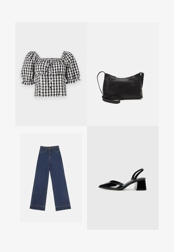 Black and white gingham blouse with puffed sleeves, square neckline, and tie detail at the front. Lightweight fabric with gathered texture.; Wide-leg jeans in dark blue denim. Features five pockets, belt loops, and a raw hem at the bottom with visible stitching details.; Black patent leather slingback heels with a pointed toe and a geometric block heel. Features a sleek, minimal design and smooth texture.; Black leather shoulder bag with a smooth texture, curved shape, adjustable strap, and a zip closure. Minimalist design without embellishments.