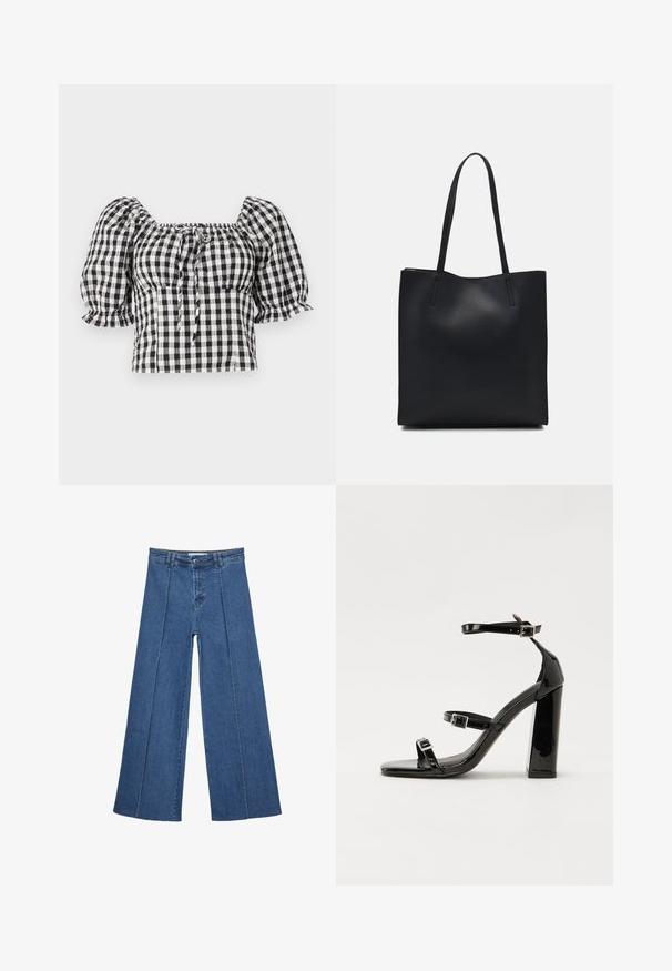 Čierno-biela kockovaná blúzka s nariasenými rukávmi, štvorcovým výstrihom a viazaním vpredu. Ľahký materiál s nariasenou textúrou.; Rovné džínsy s širokými nohavicami v strednom modrom odtieni, so zvýšeným pásom, zapínaním na gombík a kontrastnými vertikálnymi švami pozdĺž prednej strany.; Čierne lakované sandále na podpätku so štvorcovou špičkou, navlečenými remienkami okolo členku a striebornými prackami. Disponujú masívnym blokovým podpätkom pre stabilitu.; Čierna kožená taška na rameno s hladkým povrchom, obdĺžnikovým tvarom a dvoma dlhými uchami. Bez viditeľného kovania alebo ozdôb.