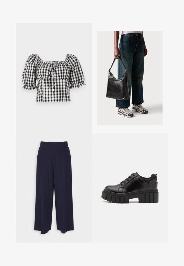 Svart og hvit gingham-bluse med puffede ermer, firkantet halslinning og knyte-detalj front. Lett stoff med samlet tekstur.; Bredde bukser i mørk marineblå stoff med ribbet tekstur. Har en glatt midje og en luftig silhuett, som når midt på leggen.; Svarte lærplattformsko med kraftig blokkhell, rund tå og tradisjonell snøring. Har en jevn tekstur og minimal detaljering.; Sort skinnveske med en glatt tekstur og justerbar stropp, kombinert med falmede vide jeans og atletiske sneakers.