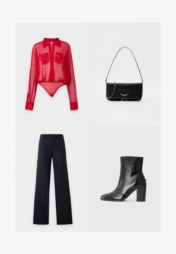 Bodysuit vermelho transparente de mangas longas com colarinho pontudo, decote em V profundo, dois bolsos no peito e parte inferior elástica que cria uma silhueta ajustada.; Calças de perna larga em preto. Corte ajustado com uma textura suave. Apresenta uma fileira de tachas metálicas ao longo das costuras laterais para detalhe.; Bota ankle preta em pele com uma textura suave, bico fino e um salto alto robusto. Apresenta uma abertura lateral e um design minimalista.; Saco de couro preto com uma alça de corrente prateada, apresentando ornamentos em forma de asas e costura branca ao longo da costura inferior.