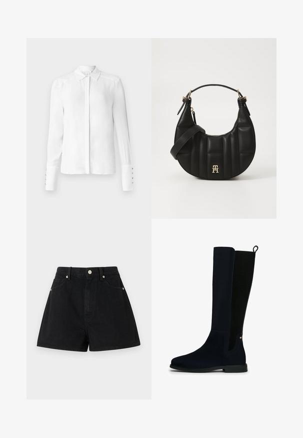 Baltas garām piedurknēm blūze ar klasisku apkakli, pogu priekšpusi un piecu pogu detaļu uz aprocēm; gluda auduma un piegriezuma fit.; Melna džinsu šorti ar augstu jostasvietu, piecām kabatām, sudraba piederumiem un standarta piegriezumu, kurus raksturo gluda tekstūra un kvalitatīva apdare.; Augstas melnas zamša zābaki ar ribotu elastīgu aizmugures paneli, vilkšanas cilpu, zemu papēdi un mazu taisnstūrveida logo netālu no potītes uz baltā fona.; Melnas ādas rokassoma ar izliekumu formu, kā arī izšūtu tekstūru un zelta aksesuāriem. Iespējas iekļauj noņemamu plecu siksnu un logo detalizāciju.