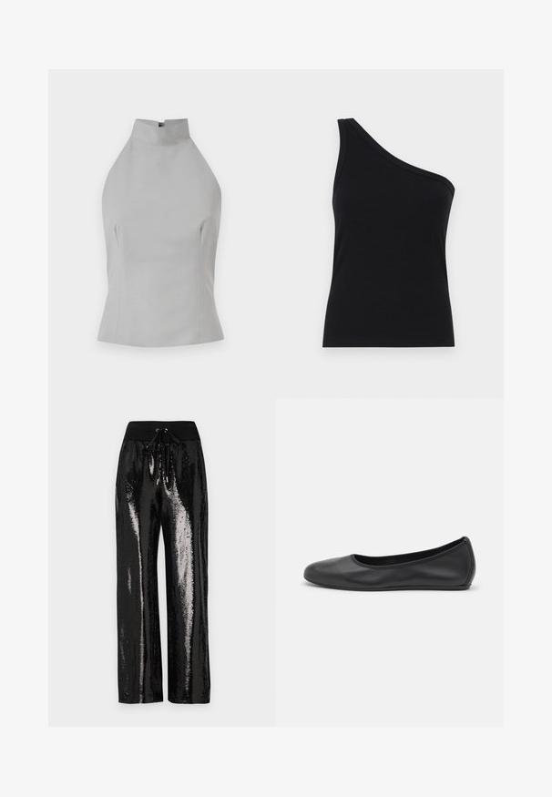 Halli hall, millel on kõrge kaelus, kohandatud sobivus, sile tekstuur ja õmblustäiendused külgedel. Ühtki nähtavat kinnitust ei ole.; Ühe õla must ribakanga tank top, millel on vormikujundus ja pehme tekstuur. Omab puhtat, minimalistlikku lõiget ja sujuvat kaelust.; Mustad sequinsipüksid laia säärte lõikega ja elastse vöökoha, millel on pael. Kanga pind on peegeldav ja läikiv.; Musthave mustika tantsutossud mustast nahast, ümmarguse varbaga, siledast tekstuurist, minimaalse õmblusdetailiga ja paindliku tallakujundusega.