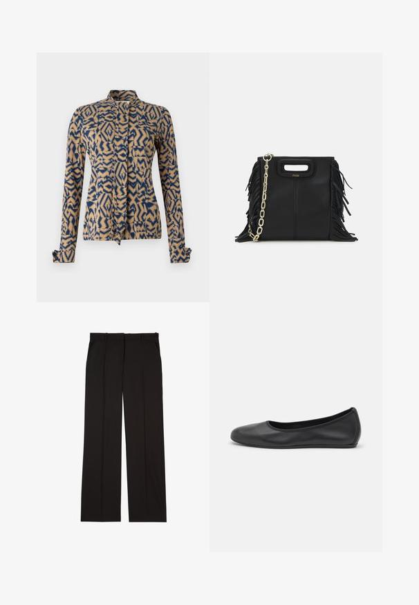 Kurtka w wzory w granatowym i beżowym kolorze, z geometrycznymi wzorami. Długie rękawy z zapięciem na guzik, kołnierz mandarynka oraz zapięcie na wstążkę z przodu.; Czarne dopasowane spodnie wykonane z gładkiej tkaniny, charakteryzujące się prostymi nogawkami i dwoma bocznymi kieszeniami. Elegancka i minimalistyczna konstrukcja.; Czarne skórzane baletki z zaokrąglonym noskiem, gładką fakturą, minimalnymi przeszyciami i elastycznym designem podeszwy.; Czarna skórzana torebka na ramię z frędzlami, złotym łańcuszkiem oraz wyciętym uchwytem. Posiada umieszczone na przodzie logo.