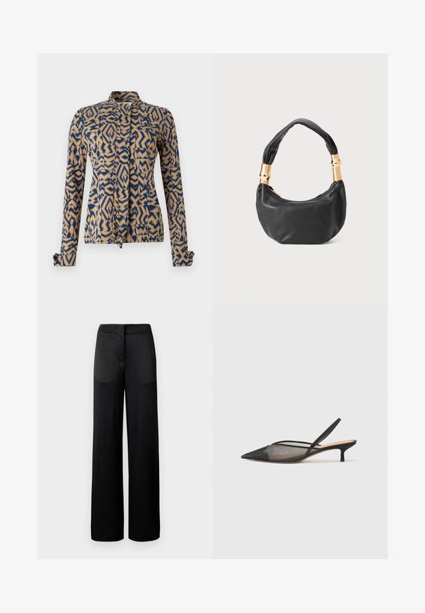 Patterned jacket in navy blue and beige, featuring geometric designs. Long sleeves with buttoned cuffs, mandarin collar, and front tie closure.; Wide-leg black trousers with a textured surface, featuring a flat waistband and two side pockets. The fabric appears lightweight and flowing.; NEOUS IRENA - Classic heels - black; Black leather handbag with a round shape, soft texture, and a knotted handle featuring gold-tone hardware accents. Zipper closure.