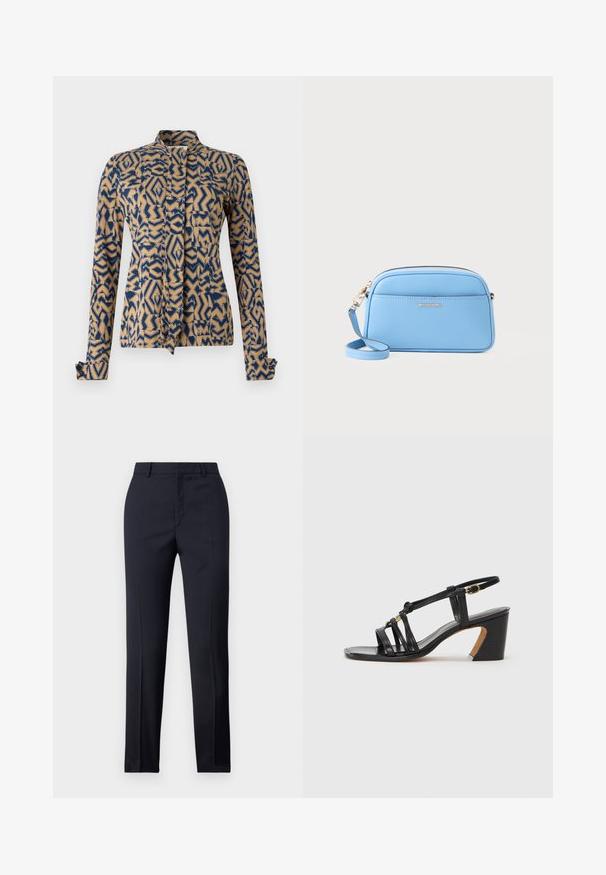 Vzorovaný kabát v námorníckej modrej a béžovej farbe so geometrickými dizajnmi. Dlhé rukávy s manžetami na gombíky, mandarínsky golier a predné viazanie na uzol.; Námornícke nohavice s rovnými nohavicami, so hladkou textúrou, dvoma prednými vreckami a čistým pásom.; Paul Smith AMIRA - Klasické lodičky na opätku - black; Svetlomodrá kožená crossbody taška so zlatými detailmi, zipsom a prednou vreckom. Obsahuje nastaviteľný popruh pre pohodlné nosenie.