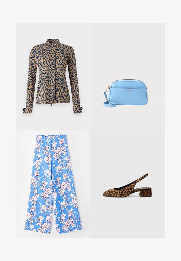 Mønstret jakke i marineblå og beige med geometriske designs. Lange ærmer med knapmanchetter, mandarin krave og frontlukning med snøring.; Blå blomsterbukser med et pastelfarvet rosemønster. Stofret er glat med en afslappet pasform, brede ben og en elastisk talje.; Kvinders slingback sko i leopardmønster med lav blokhælh og guldspænde på siden, vist i sideprofil på ensfarvet baggrund.; Lyseblå læder crossbody-taske med hardware i guld tone, lynlås lukning og en frontlomme. Har en justerbar rem for bekvemmelighed.