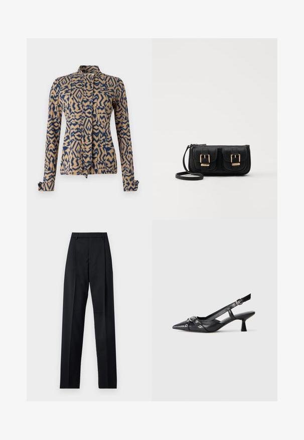Geprinte jas in marineblauw en beige, met geometrische ontwerpen. Lange mouwen met knoopsluiting bij de manchetten, opstaande kraag en sluiting met een strik aan de voorkant.; Zwarte broek gemaakt van gladde stof met een hoge taille, wijde benen, voorplooien en klassieke ceintuurlussen. Geen zijzakken zichtbaar.; Zwarte leren slingback schoen met een puntige neus, decoratieve banden met metalen oogjes en een lage blokhak. Textuur oppervlak.; Zwarte leren schoudertas met twee vo pockets, gouden gespen, ritsluiting en een smalle band. Tekstuur oppervlak en compacte rechthoekige vorm.