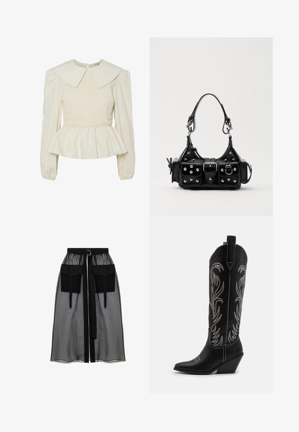 Krém színű blúz nagyméretű lapos gallérral, smocked mellrésszel és puffos ujjal. Peplum alja és hátul záródás jellemzi. Könnyű anyagból készült.; Fekete áttetsző szoknya ráncolt derékrésszel, két nagy elülső zsebbel, derékpánttal és kör alakú fém díszítéssel.; Fekete bőr cowboy csizmák hegyes orral, wedge sarkakkal és ezüst hímzett virágmintákkal a szár mentén. Kontraszt varrás az egész csizmán.; Fekete bőr kézitáska ívelt designnal, ezüst szegecsekkel, csattal és két oldalsó zsebbel. Állítható vállpánt a hordozási lehetőségekhez.