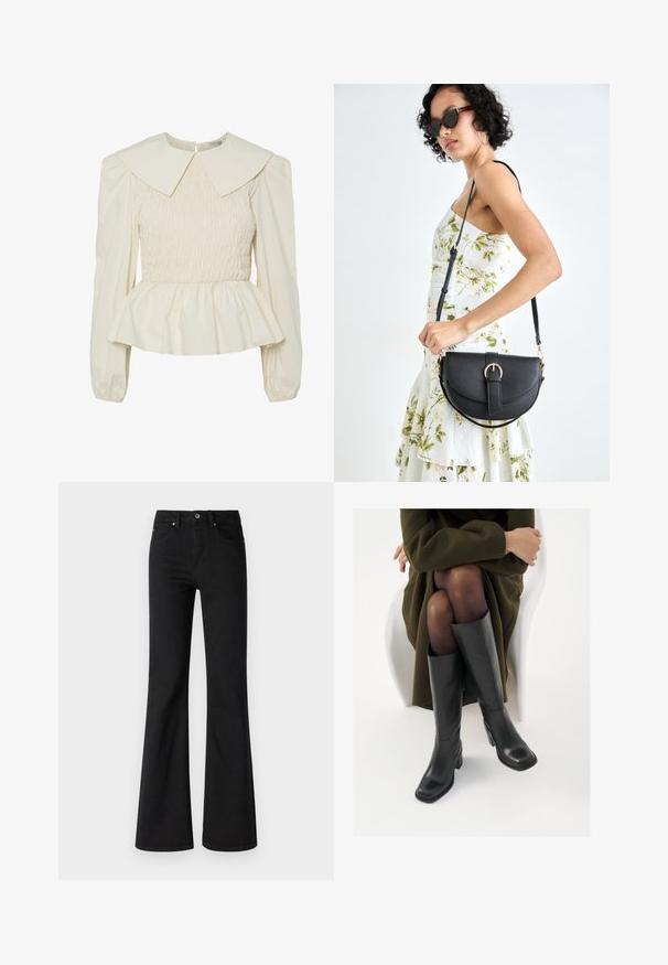 Blusa de cor creme com um grande colarinho plano, corpete franzido e mangas bufantes. Apresenta uma bainha em peplum e fecho nas costas. Feita de tecido leve.; Jeans pretos de perna larga feitos de denim com cintura alta, apresentando cinco bolsos, botão frontal e fecho de zíper, textura suave.; Botas de couro pretas até ao joelho com biqueira quadrada e salto em bloco, apresentadas com um modelo sentado num casaco verde-azeitona. Textura lisa, com detalhes mínimos.; Bolsa de couro preta com forma curva, alça destacável e detalhes em dourado. A bolsa possui uma aba com detalhe de fivela.
