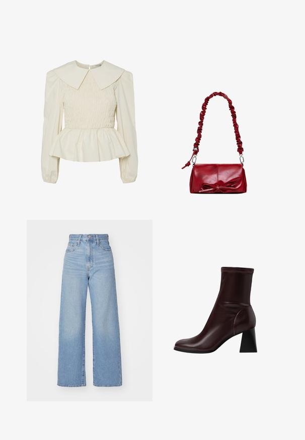 Cream-colored blouse with a large flat collar, smocked bodice, and puff sleeves. Features a peplum hem and back closure. Made from lightweight fabric.; Light blue high-waist wide-leg jeans with front button and zip closure, front and back pockets, on a white background.; Stradivarius BLOCK - Classic ankle boots - dark red; Red leather handbag with a gathered strap and a decorative bow on the front. Smooth texture, rectangular shape, silver hardware accents.; Gold-tone metal earrings featuring a curved, half-moon shape and a rectangular shape, both with smooth, polished surfaces.