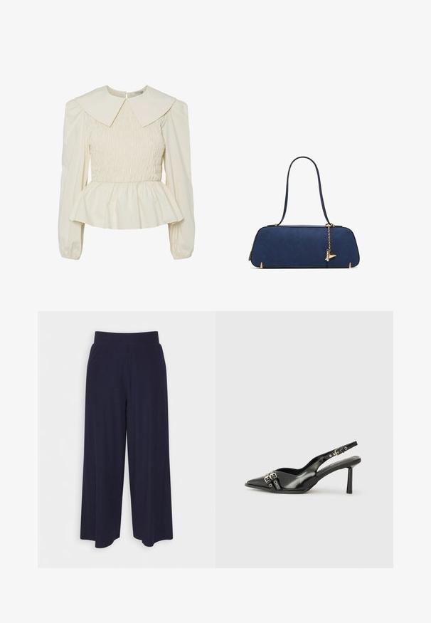 Blusa color crema con un gran collar plano, cuerpo con fruncidos y mangas abullonadas. Presenta un dobladillo tipo peplum y cierre en la parte trasera. Fabricada con un tejido ligero.; Pantalones de pierna ancha en tejido de un oscuro color navy con una textura acanalada. Presenta una cinturilla suave y una silueta fluida, llegando a la altura de las pantorrillas.; Zapato de charol negro tipo slingback con punta afilada, correas al tobillo con hebillas y herrajes de plata, y un tacón delgado.; ALDO THALELI - Bolso de mano - navy