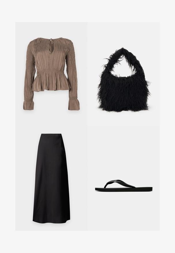 Top marrón con peplum y mangas largas, detalles fruncidos en los hombros y puños, escote en forma de ojal y tela texturizada.; Falda maxi de satén negro con una textura suave, diseño de tiro alto, silueta fluida y sin patrones visibles ni detalles de hardware.; Chancla de goma negra con una tira de dedo texturizada y una suela plana sencilla, vista de lado sobre un fondo claro y liso.; Even&Odd Bolso shopping - black