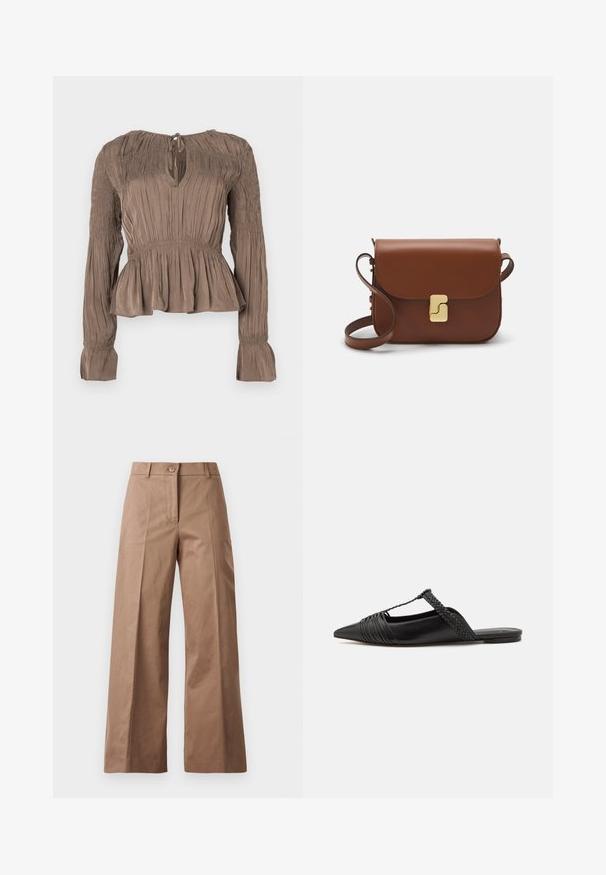 Brown peplum top with long sleeves, smocked detailing on shoulders and cuffs, keyhole neckline, and textured fabric.; Brown wide-leg trousers made from a smooth fabric, featuring a front button closure, two front pockets, and clean, tailored lines.; Black leather slingback shoe with a pointed toe, featuring a woven accent and pleated upper design. Flat sole with minimal hardware.; Brown leather handbag with a flap closure, gold-tone hardware, a shoulder strap, and a smooth texture. Compact rectangular shape.