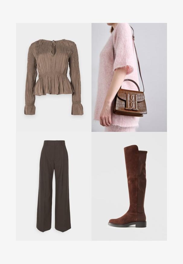 Pruun peplumtopp pika varrukaga, õlgadel ja mansettidel kroogitud detailid, avaga kaelus ning tekstureeritud kangas.; Tumepruunid lai jalad püksid kõrge vöökohaga, millel on korralikult pressitud kortsud, sile tekstuur ja täpselt sobiv lõige.; Pikk pruunist nahast ja kangast saabas madala musta kandiga ja ümarate varvastega, nähtav külgvaates lihtsal valgel taustal.; Pruun krokodillimustriga käekott koos ülemise käepideme ja õlavöödiga. Esiküljel on väljapaistev logo. Pehme tekstuur.