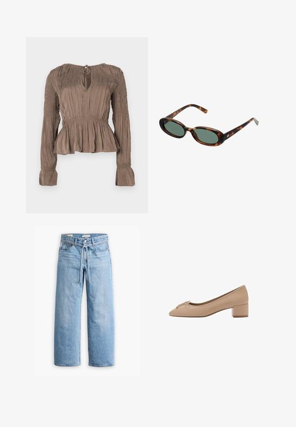 Bluza maro cu peplum, mâneci lungi, detalii smocate pe umeri și manșete, decolteu cu cheiță și material texturat.; Jeanși cu talie înaltă, de culoare albastru deschis, cu picioare largi, închidere cu nasture și fermoar, și detaliu cu șnur la talie. Terminare brută a marginii.; Pantofi din piele bej, cu vârful ascuțit, detaliu mic în formă de fundă în față și toc pătrat jos. Textură netedă cu cusături minime.; Ochelari de soare cu ramă din scoică de broască țestoasă și lentile verzi. Au brațe subțiri cu un accent metalic aproape de balamale.