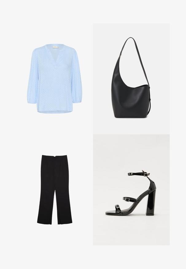 Lyseblå bluse med V-hals og trekvart pufærmer. Struktureret stof med et subtilt mønster. Kanten er let buet.; Sorte bukser med lige pasform, der har frontlommer og slidser i kanten. Lavet af blødt, glat stof. Velegnet til forskellige anledninger.; Sorte patenterede hælsandaler med firkantet tå, ankelremme og sølvspænder. Har en chunky blokHæl for stabilitet.; Sort læder hobo taske med en glat overflade, buet form og en enkelt justerbar rem; har en bred åbning øverst.