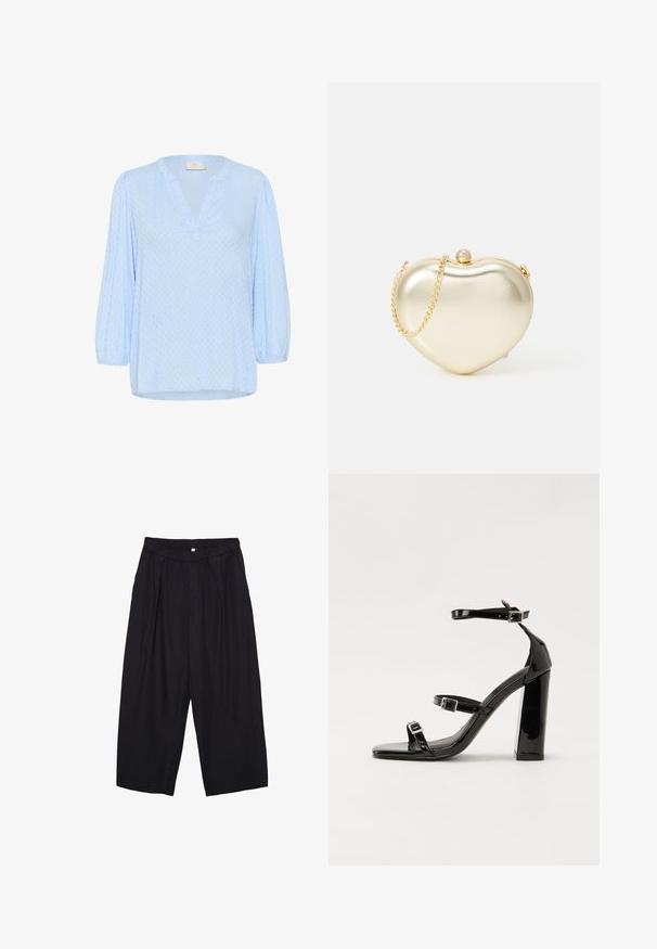 Light blue blouse with a V-neck and three-quarter puff sleeves. Textured fabric with a subtle pattern. Hem is slightly curved.; Black polyester culotte pants with an elastic waistband, two front pleats, and a loose silhouette. No visible patterns or hardware details.; Black patent heeled sandals with a square toe, ankle straps, and silver buckles. Features a chunky block heel for stability.; Gold metallic heart-shaped clutch with a chain strap and pearl clasp detail. Smooth texture, compact design for small essentials.