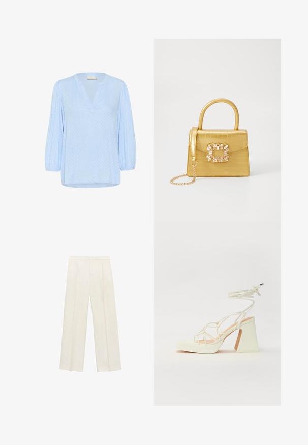 Svetlo modra bluzica z V-izrezom in tri četrt dolgimi nabranimi rokavi. Teksture tkanine z nežnim vzorcem. Rob je rahlo ukrivljen.; Hlače širokih nogavic v svetli kremni barvi. Narejene iz gladkega materiala s plitkimi naborki spredaj in stranskimi žepi.; Bela sandala na visokih petah s debelim petam, ki ima obliko trakcev in vezanje okoli gležnja. Gladka tekstura z platformo spredaj za dodatno višino.; Rumeno usnjeno-usnje z vzorcem krokodila, s strukturiranim dizajnom, zgornjo ročajem, snemljivo verižico in dekorativnim kristalnim okrasjem na zaponki.