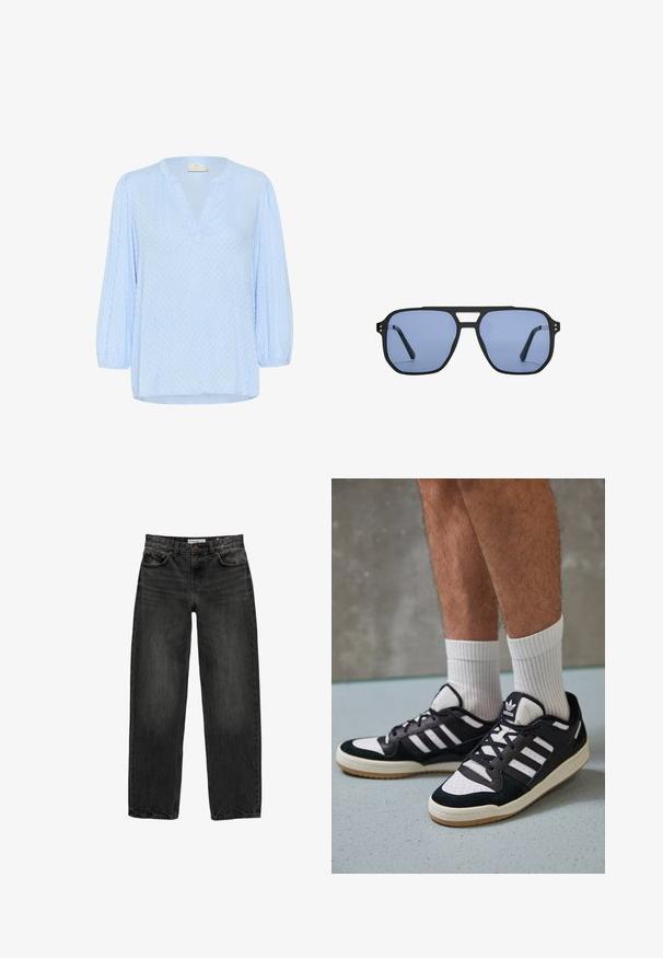 Blouse bleu clair avec un col en V et des manches bouffantes trois quarts. Tissu texturé avec un motif subtil. L'ourlet est légèrement incurvé.; Jeans en denim noir avec une coupe décontractée, jambres droites, design à cinq poches et une texture légèrement délavée. Fermeture à bouton et à zip à l'avant.; Baskets noir et blanc avec une tige en suède et cuir, comportant trois rayures blanches, un bout perforé et une semelle en caoutchouc gum.; Stradivarius RETRO - Lunettes de soleil - light blue