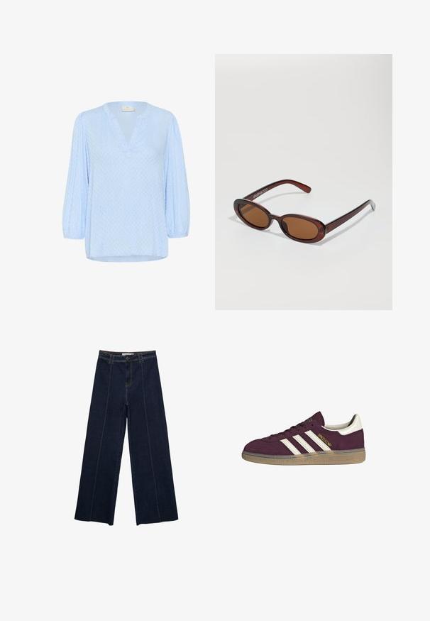 Blusa azzurro chiaro con scollo a V e maniche a tre quarti a sbuffo. Tessuto testurizzato con un motivo sottile. L'orlo è leggermente curvato.; Pantaloni in denim scuro a gamba larga con cuciture a contrasto, vita alta e taglio dritto. Presentano tasche anteriori e una chiusura classica con bottone.; Sneaker in camoscio bordeaux con tre strisce bianche e accenti beige. Presenta una suola in gomma testurizzata e un marchio dorato sul lato.; Occhiali da sole rotondi con tonalità marrone, montatura lucida color bordeaux. Aste sottili con un sottile dettaglio del marchio. Design delle lenti piatte.; Borsa a tracolla in pelle intrecciata marrone con una forma triangolare morbida. Presenta una maniglia intrecciata e una chiusura con zip lungo la parte superiore.