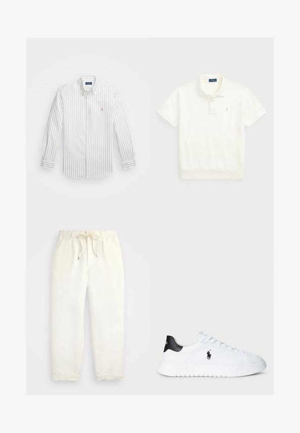 Λευκό πουκάμισο με παραλληλόγραμμες αχνές μπλε ρίγες, μακρύ μανίκι, κουμπωτός γιακάς και μικρό παρα embroidered λογότυπο στο αριστερό στήθος.; Polo Ralph Lauren LOOPBACK FLEECE POLO-COLLAR SWEATSHIRT - Πόλο - clubhouse cream; Απαλή κρέμα, χαλαρές παντελόνες φτιαγμένες από μαλακό ύφασμα. Διαθέτουν ελαστική μέση με κορδόνι, και σχέδιο κωνικού ποδιού.; Λευκό χαμηλό αθλητικό παπούτσι με μαύρη ταμπέλα στην πτέρνα και μαύρο λογότυπο Polo Ralph Lauren στο πλάι, με λευκές κορδόνες και χοντρή καουτσούκ σόλα.