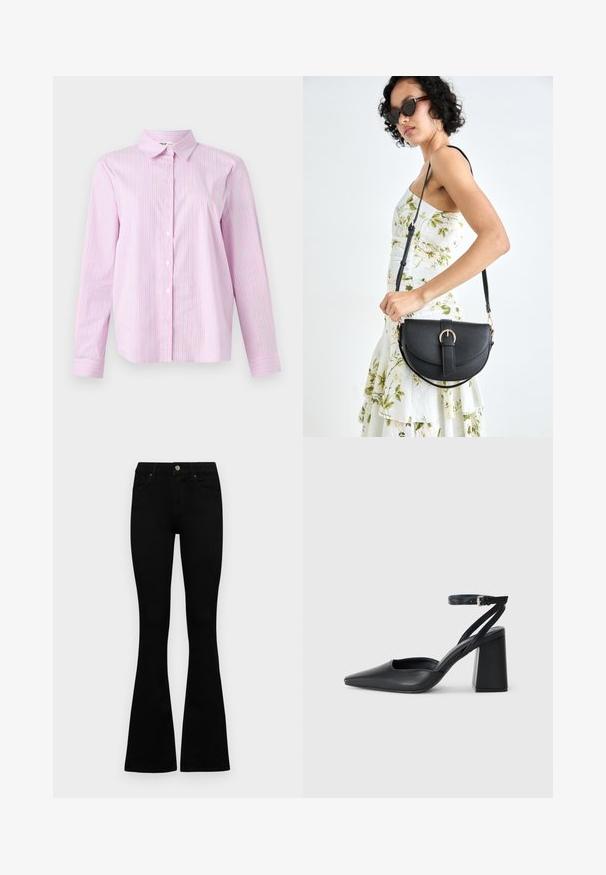 Camicia a maniche lunghe con bottoni di colore rosa chiaro, con righe verticali in rosa scuro e azzurro chiaro. Presenta un colletto classico e una vestibilità slim.; Jeans neri a vita alta con chiusura a bottoni e zip, tasche frontali e gambali svasati, distesi su uno sfondo bianco.; Pump in pelle nera con punta affusolata, cinturino alla caviglia e tacco spesso. Texture piatta, design elegante ed estetica minimalista.; Borsa a tracolla nera in pelle con una forma curva, manico rimovibile e accessori dorati. La borsa presenta una patta con un dettaglio a fibbia.