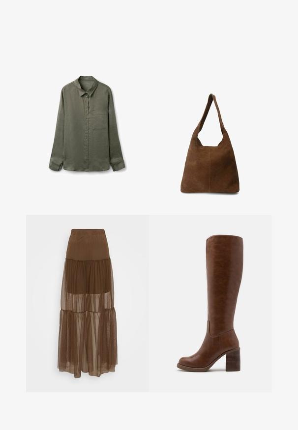 Olijfgroene overhemd met lange mouwen in lichte stof, met een puntige kraag en een enkele borstzak. Gestructureerde afwerking.; Witte korte mouwen t-shirt van katoen. Heeft een ronde halslijn en een ontspannen pasvorm. Glad textuur zonder zichtbare patronen of accenten.; Bruine gelaagde rok met een gestructureerde mesh-overlay en elastische tailleband. Bevat drie lagen doorschijnende stof, wat zorgt voor een vloeiende silhouet.; Bruine kniehoge laarzen van glad faux leer, met een ronde neus, blokhak met verticale groeven en een minimalistisch ontwerp.; Bruin suedine schoudertas met een zachte textuur, brede schouderband en een open bovenkant. Heeft een eenvoudig, ongestructureerd ontwerp zonder zichtbare hardware.