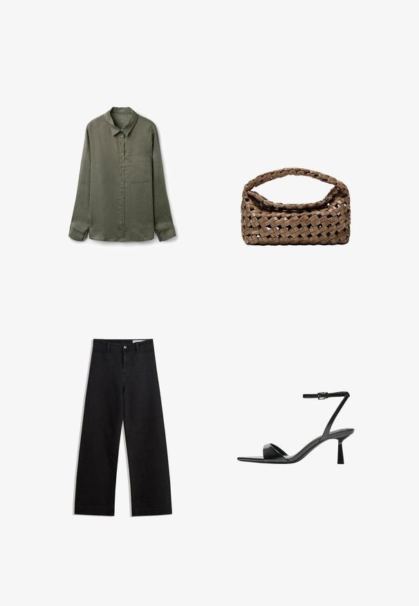 Oliven grøn langærmet skjorte med knapper i letvægtsstof, med spids krave og en enkelt brystlomme. Struktureret finish.; Sorte wide-leg denim bukser med høj talje, der har front- og baglommer, syede sømme og en knaplukning. Glat tekstur.; Bershka Højhælede sandaletter / Højhælede sandaler - black; Vevet brun håndtaske med rektangulær form, struktureret håndtag og tekstureret overflade. Har en lukket top og et indviklet vævemønster.