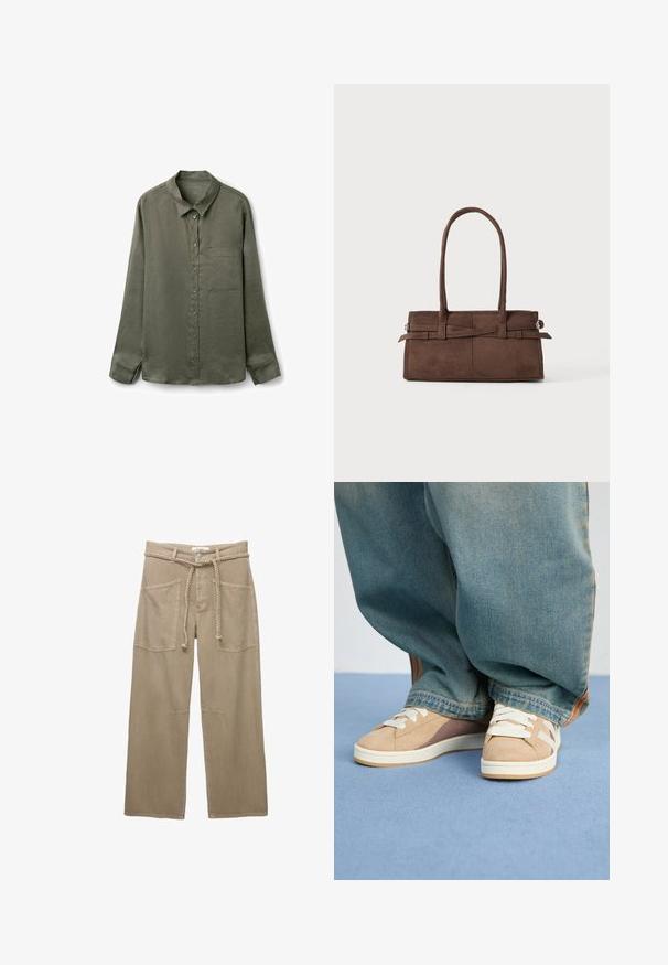Oliven grøn langærmet skjorte med knapper i letvægtsstof, med spids krave og en enkelt brystlomme. Struktureret finish.; Beige vidde bukser lavet af slidstærkt stof, med store forlommer, et flettet bælte og diskrete stikninger.; Beige sneakers lavet af ruskind og stofmaterialer, med hvide snørebånd, lysebrune accenter og en tekstureret sål. Båret med løse blå denim-bukser.; Brun ruskinds håndtaske med to robuste håndtag, rektangulær form og dekorativt stropdetalje på forsiden.